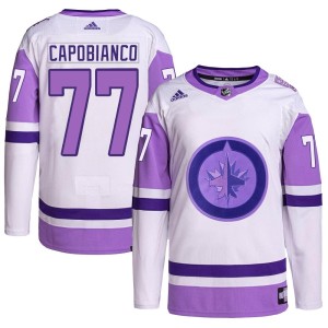 Men's Winnipeg Jets Kyle Capobianco Adidas Authentic Hockey Fights Cancer Primegreen Jersey - White/Purple