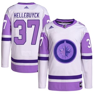 Youth Winnipeg Jets Connor Hellebuyck Adidas Authentic Hockey Fights Cancer Primegreen Jersey - White/Purple